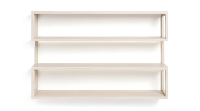 Minimalist light wood wall-mounted bookshelf with three tiers and clean lines isolated on white background, perfect for modern home interior design, storage organization, and home decor display