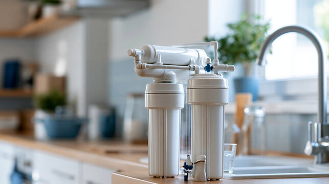 Close up of an osmosis purification system and water filter installed in a bright clean home kitchen soft daylight residential water technology modern kitchen setting bright