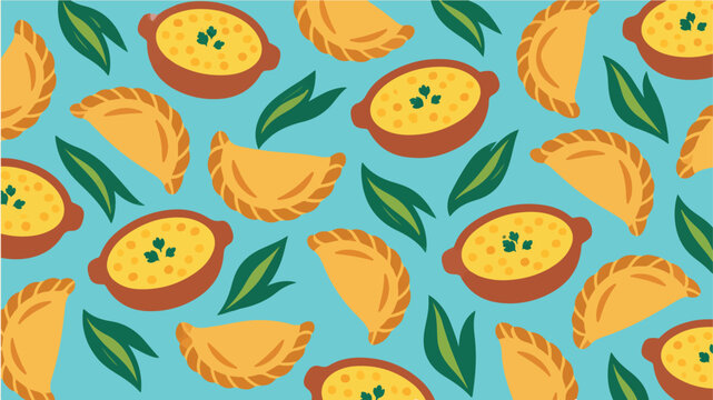 Seamless pattern with delicious baked empanadas and green leaves on blue background.