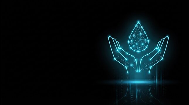 Glowing blue wireframe hands cradle a high-tech holographic droplet symbolizing AI innovation, digital science, and futuristic technology for marketing and design.