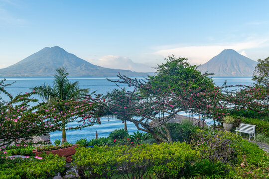 Atitlan lake with its volcanoes and magnificent garden, Panajachel, Guatemala.