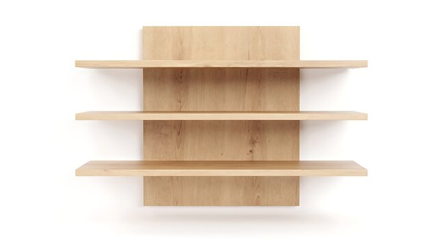 Modern three-tier wall-mounted wooden shelf unit made of light oak or pine timber, minimalist furniture design for home organization and interior display isolated on a white background.