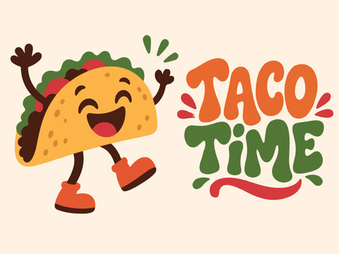 Cute cartoon taco character with maracas and typography quote Taco Time.
