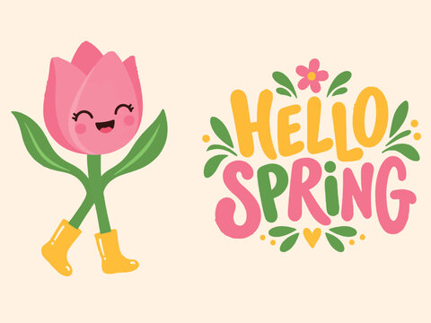 Cute cartoon pink tulip flower character waving with typography quote Hello Spring.