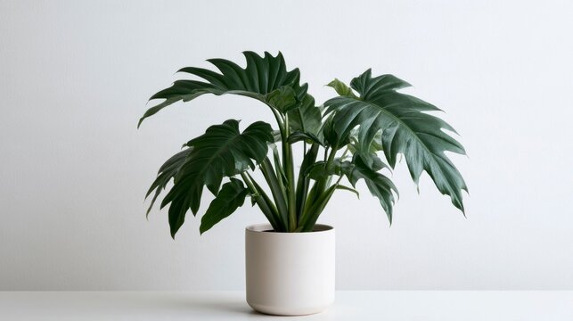 Philodendron selloum houseplant in a minimalist white ceramic pot against a plain background