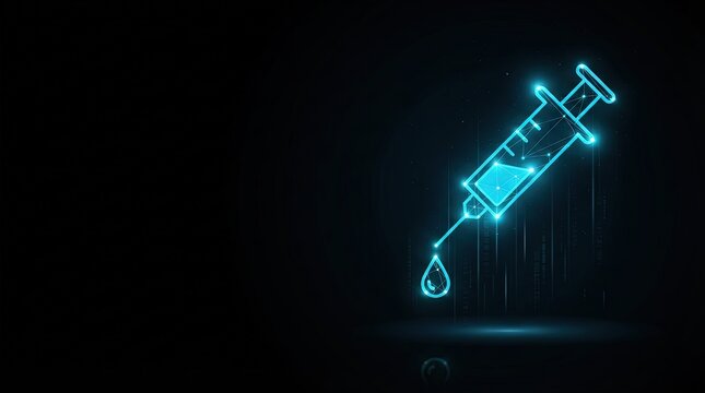 Glowing blue digital syringe injection illustration on dark background perfect for AI, medical tech, and futuristic healthcare innovation projects