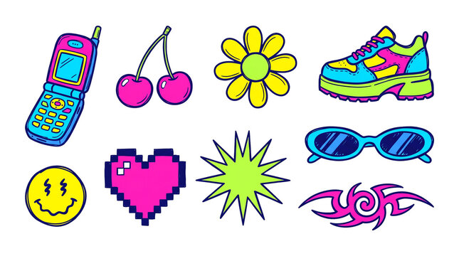 Retro 90s Y2K style aesthetic sticker set, transparent background