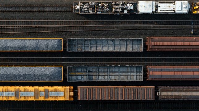 Aerial View of Freight Train Cars Lined Up on Tracks.