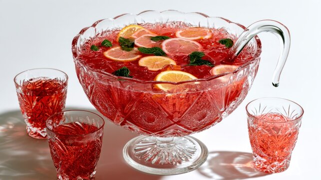 Refreshing red fruit punch in a large crystal bowl garnished with orange slices and mint, with serving glasses on a white background