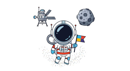 A cute cartoon astronaut floating in space while holding a colorful flag, with a moon lander and asteroid nearby. © Aqil Art