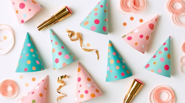 Festive Party Composition with Polka Dot Hats, Golden Noisemakers and Confetti on White Background