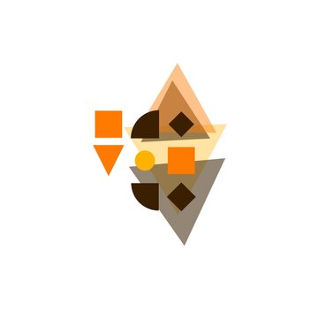 Abstract geometric composition with earth tones, minimalist mid-century modern art, overlapping triangles and squares in orange and brown