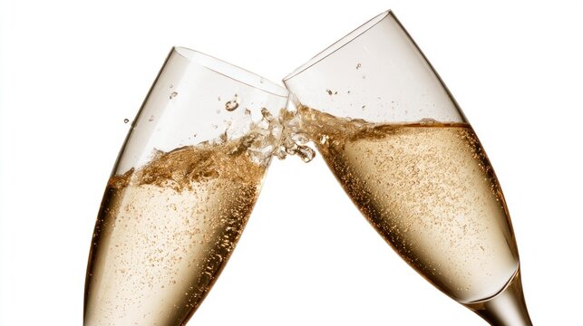 Two Glasses of Champagne Clinking in a Toast for Celebration Isolated on White Background