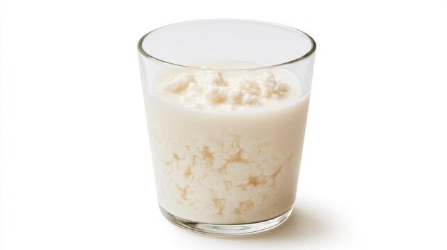 Glass of homemade kefir or curdled milk isolated on white background