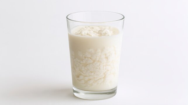 Glass of fresh homemade kefir fermented milk drink with kefir grains isolated on white background.