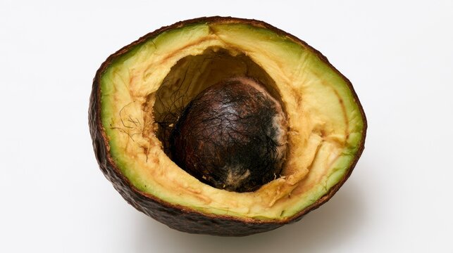 Rotten Halved Avocado with Mysterious Black Hair-Like Fibers on a White Background