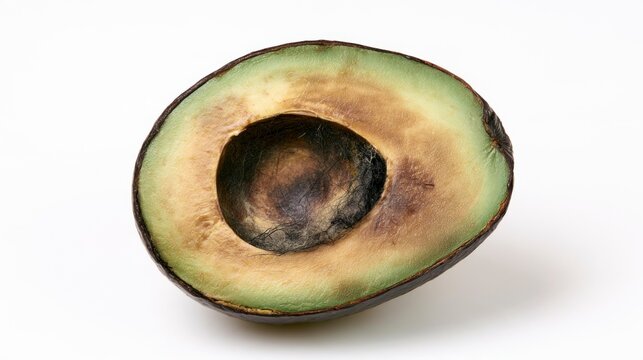 Rotten and spoiled avocado half with mold inside isolated on white background