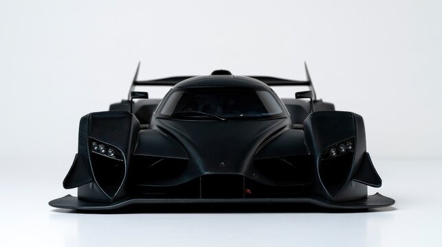 Front View of a Sleek Matte Black Prototype Race Car Isolated on White Background