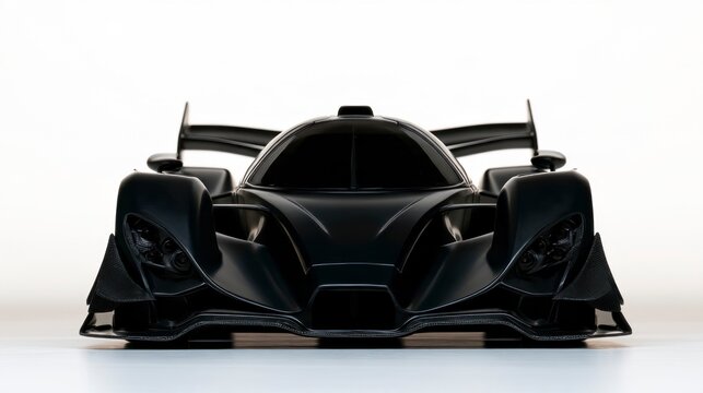 Front View of a Sleek Matte Black Futuristic Hypercar with Aerodynamic Design on White Background