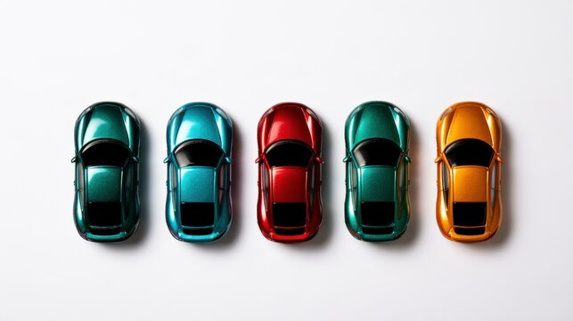 Row of five colorful metallic toy sports cars in a top-down view isolated on white background