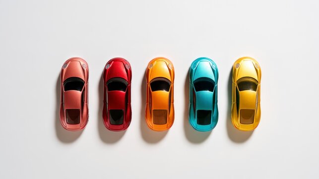 Top view of five colorful miniature toy sports cars lined up on a white background
