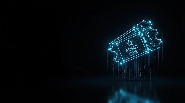 Glowing blue wireframe holographic ticket symbolizing cutting-edge AI, digital science, and high-tech innovation against dark tech background perfect for futuristic projects.