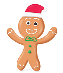 Obraz premium Cute 3D Gingerbread Man Cookie Character Wearing a Santa Hat Isolated on White Background