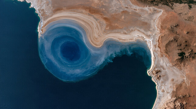 Satellite map style graphic showing a massive lake shrinking over decades with stark before and after comparison visible as dry pale ring marks, water body reduction, hydrological