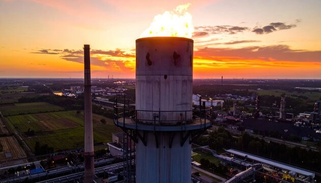 Industrial Flare Stack Igniting Gas at Sunset Over Factory Landscape, Aerial View