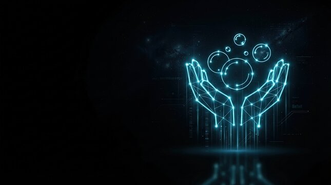 Glowing blue wireframe neural network hands hologram symbolizing advanced AI, digital science, and high-tech innovation against dark tech background perfect for futuristic projects