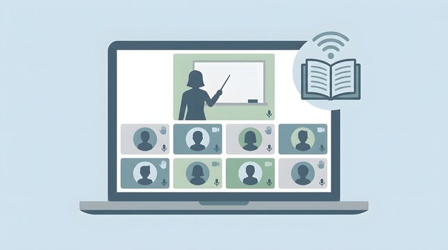 Online education concept with virtual classroom on laptop screen