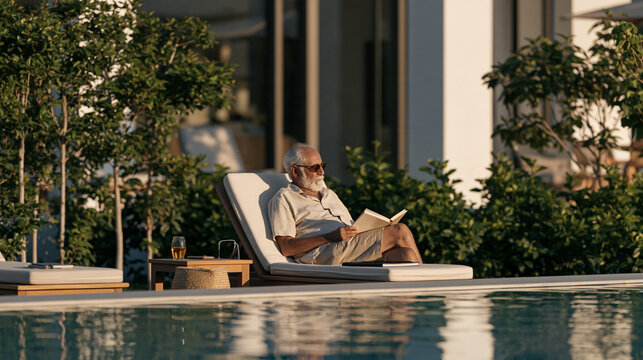 Rectangular pool at twilight with heat shimmer rising slightly, elderly man seated alone on decking chair with book closed on lap, contemplative mood, quiet retirement and home