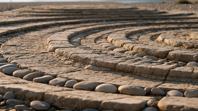 Fossilized river stones arranged in ancient curved pattern across dry watercourse floor, geological history, prehistoric riverbed, sediment layers, paleontology context, rock