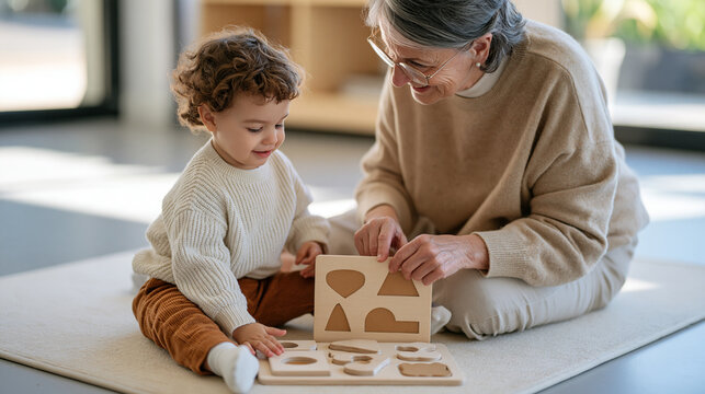 An elderly female classroom aide helps a toddler puzzle together a wooden shape sorter on the floor, both seated on a soft mat, multi generational caregiving and early cognitive