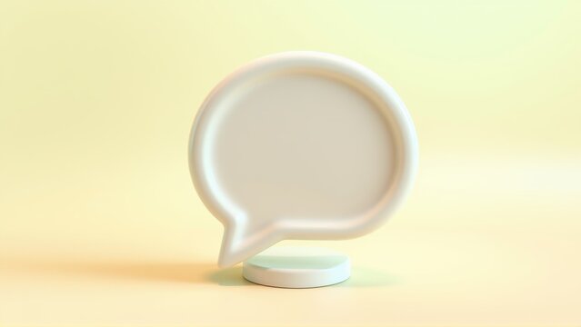 White speech bubble stands on pedestal. Minimalist studio lighting creates soft shadows, simple composition. Clean design.