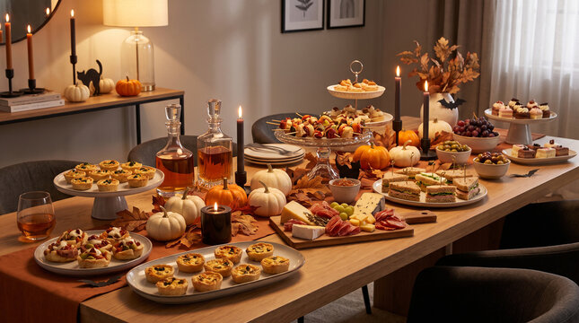 Festive Halloween buffet table with appetizers and seasonal decor in a dining room