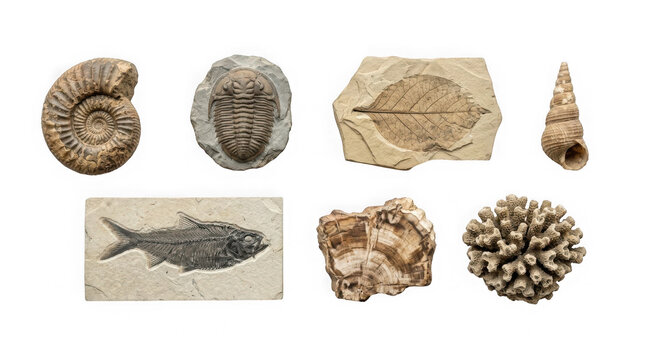 Collection of various ancient fossils including ammonite trilobite leaf and fish as transparent object