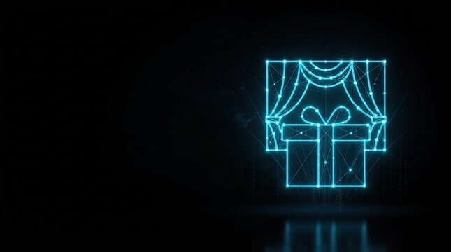 Glowing blue wireframe gift box hologram on dark background ideal for AI, digital science, and high-tech innovation visuals perfect for futuristic tech presentations.