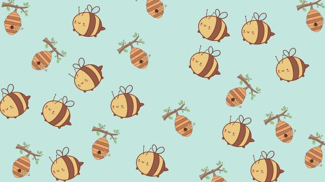Seamless pattern of cute cartoon bees and honeycombs on light blue background
