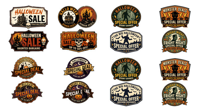 Set of Vintage Halloween Sale Badges and Labels with Spooky Monsters, Haunted Houses, and Pumpkins for Autumn Promotional Offers and Retro Advertising Designs