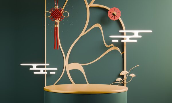 Chinese display stand with a chinaese decoration for present product,Green and red color Asia style background. 3D rendering