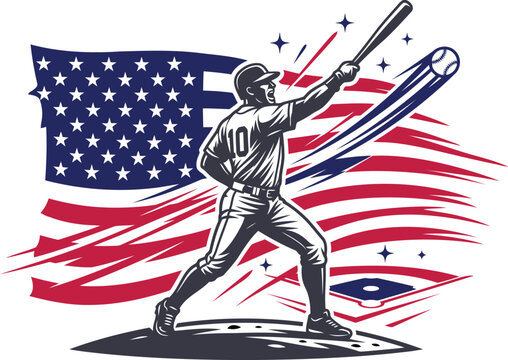 Baseball player hitting a baseball with american flag vector design, Baseball Player Lifting Bat in Front of American Flag Silhouette Vector