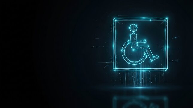 Glowing blue wireframe accessibility symbol on dark tech background perfect for AI, digital science, and high-tech innovation projects.
