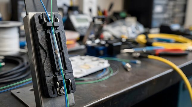 fiber optic mechanical splice holder protecting a single cable connection for organized network installation and dependable telecommunications maintenance