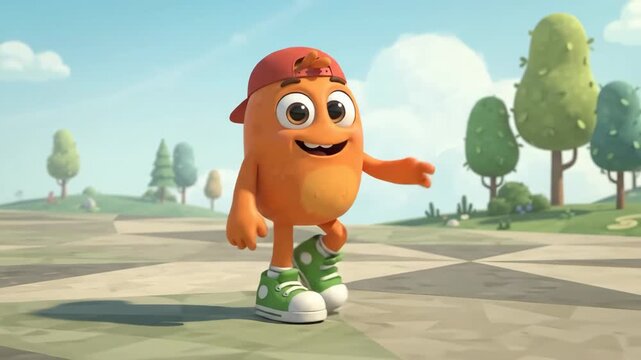 Friendly cartoon orange character with cap and green sneakers walking outdoors in park