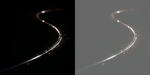 Curved glowing light trail with sparkling gold particles. Elegant magic wave and glitter swirl isolated on black and transparent background. Shimmering motion effect © Inna