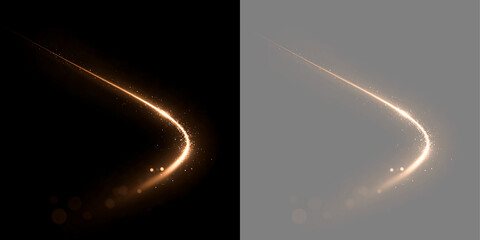 Curved golden light trail with intense sparkles and bokeh. Dynamic magic glow effect isolated on black and transparent background © Inna