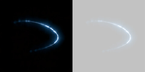 Glowing blue light trail with sparks. Curved neon energy arc on black and transparent background. Abstract magic swoosh design element © Inna