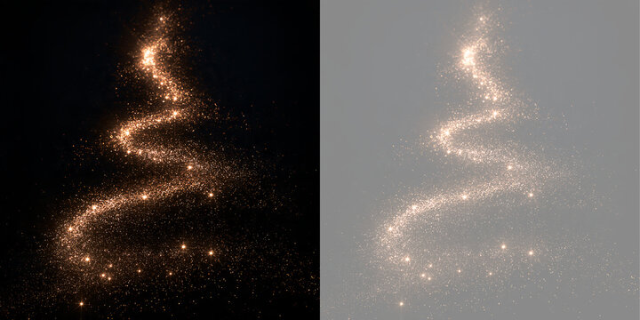Swirling golden glitter trail isolated on black and transparent background. Sparkling magic dust spiral. Christmas tree shape design element