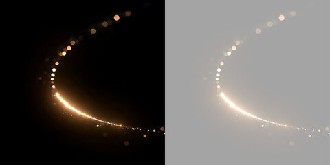 Golden glowing light trail with sparkling bokeh particles. Abstract magic dust curve on black and transparent background. Festive design element © Inna